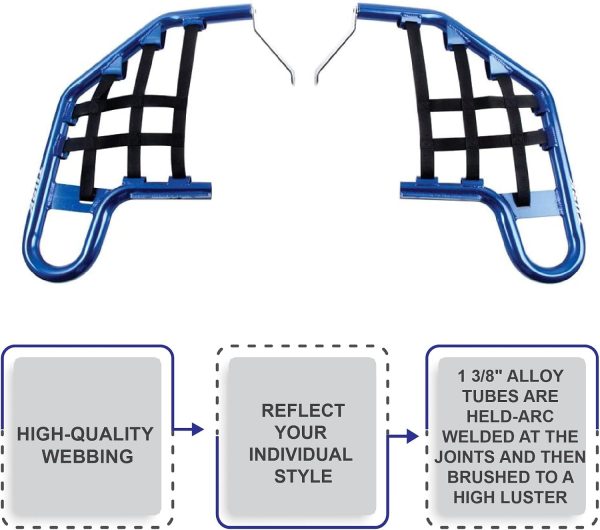 Tusk Racing Nerf Bars Blue with Black Webbing Brushed Metal Tubes-3